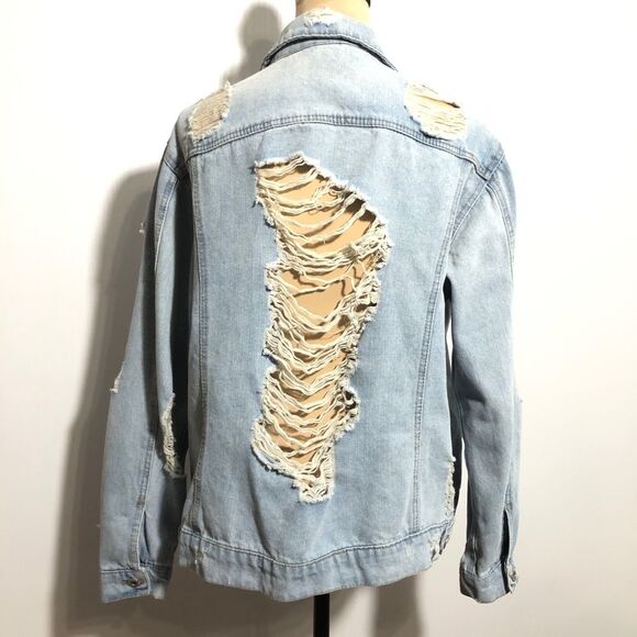 Highway Jeans Jacket Womens Large Blue Light Wash Shredded Denim Jean Festival - Picture 1 of 12